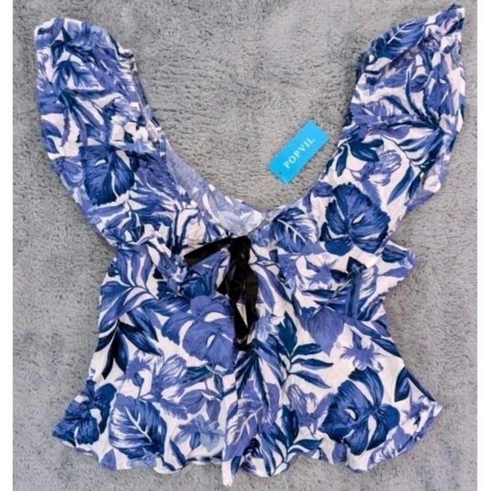 Cupshe x Popvil~Blue Floral Ruffled Cropped Blouse Top~V-Neck Boho Summer~XL~NWT